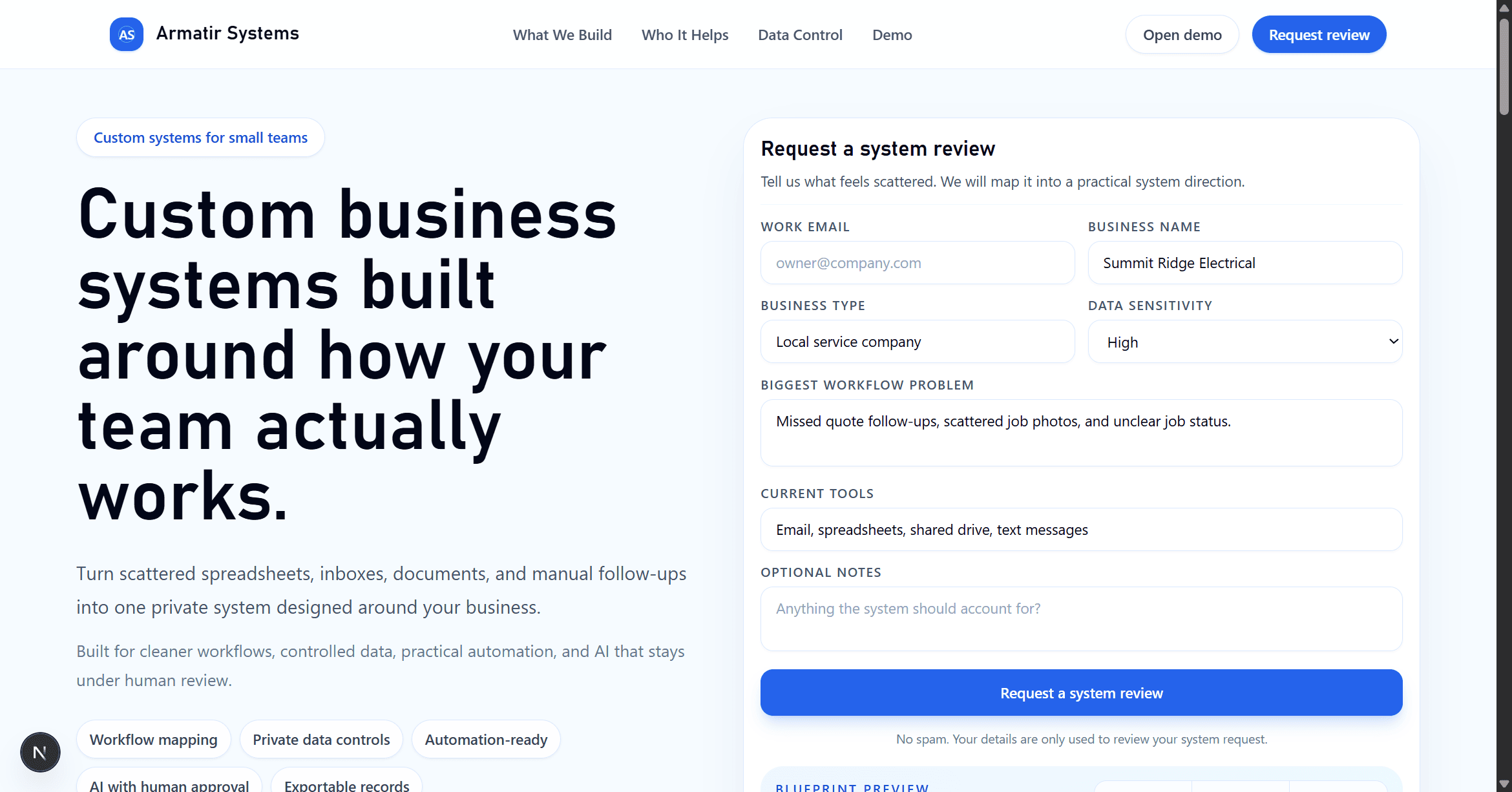 Armatir Systems system-review interface showing structured lead intake and a custom business platform preview.