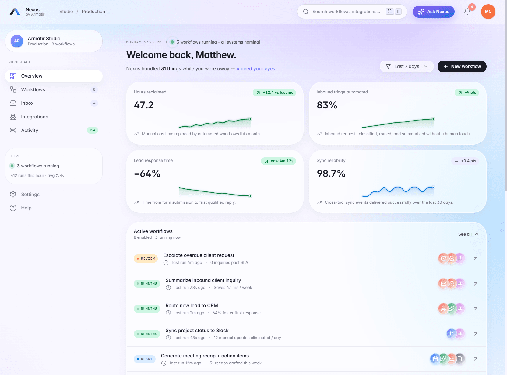 Armatir Nexus — AI workflow dashboard interactive demo